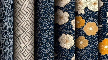 Collection of five fabric designs featuring various Japanese-inspired patterns.  Ocean waves, floral motifs, and geometric patterns are included, in a mix of navy blue, beige, and gold - Powered by Adobe