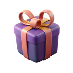 A purple gift box with a peach ribbon is isolated on transparent background
