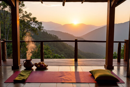 yoga mat and a steaming teapot are set on a wooden balcony for a serene morning meditation or tea ceremony, overlooking a stunning mountain range at sunrise - Powered by Adobe
