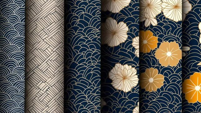 Collection of five fabric designs featuring various Japanese-inspired patterns.  Ocean waves, floral motifs, and geometric patterns are included, in a mix of navy blue, beige, and gold