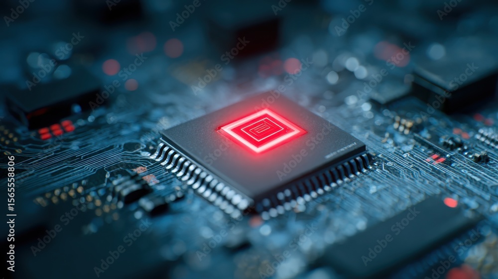 Poster close up of a microchip with a glowing red square on a blue circuit board with a blurry background