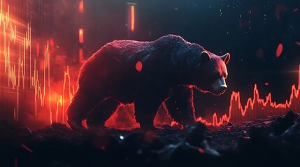 Powerful bear symbolizing a market downturn with red stock chart in a dark photo