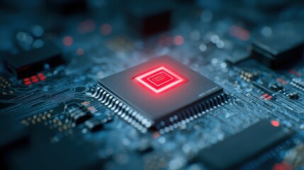 Close up of a microchip with a glowing red square on a blue circuit board with a blurry background