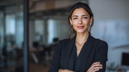 Confident smiling businesswoman corporate portrait. Arabian hispanic latino woman boss poses with crossed arms in office. Female leader, successful executive looks at camera. Business, career, modern