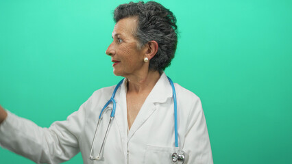 Senior woman doctor with grey hair wearing a stethoscope and white coat poses confidently against a...