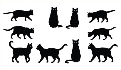 A collection of nine black cat silhouettes, showcasing different postures and actions. Set of Black Cat Silhouettes in Various Poses.