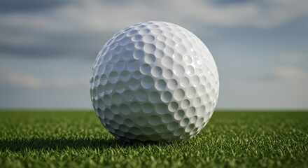 Obraz premium Golf Ball on Green Grass - Close-up of a single white golf ball resting on a lush green golf course, under a cloudy sky