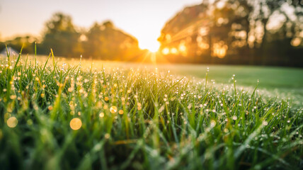 A dreamy nature photograph of morning dew on grass during sunrise