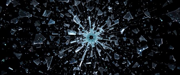 Shattered Glass Explosion, A Dramatic Visual, Dynamic Fragments Scattered On Black. Sharp Edges Reflect Light, Creating Depth. Breakage Suggests Chaos, Tension And Fragility.