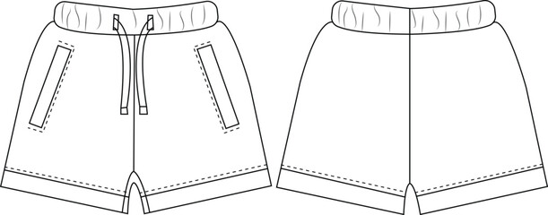 Men’s Drawstring Shorts with Side Pockets | Technical Fashion Illustration | Flat Apparel Template CAD | Front and Back Views