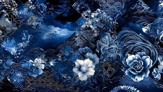Indigo-blue patchwork design with floral and wave motifs.  Intricate details,  geometrical shapes,  and a rich aesthetic