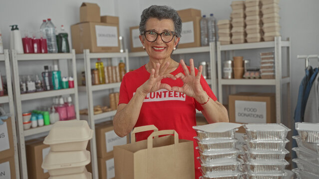 Senior woman with grey hair making heart sign in a volunteer room surrounded by donation boxes and packages implying community service and kindness.
