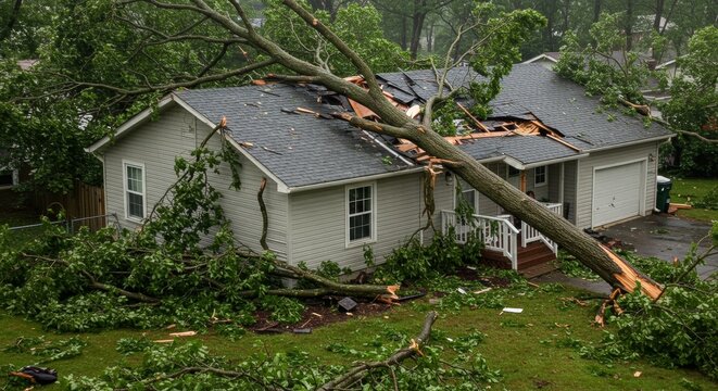 House Damaged by Fallen Tree - A large tree has fallen onto a house, causing significant roof damage and debris