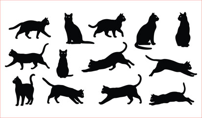 Black Cat Silhouettes in Various Poses, A collection of black cat silhouettes in diverse poses, suitable for use in various designs.