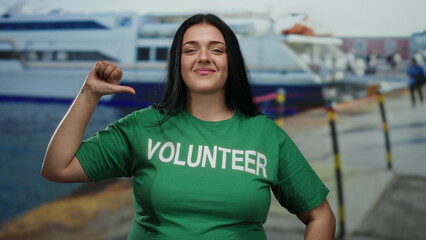 Woman in green volunteer shirt stands at seaside port with blurred boat in background pointing...