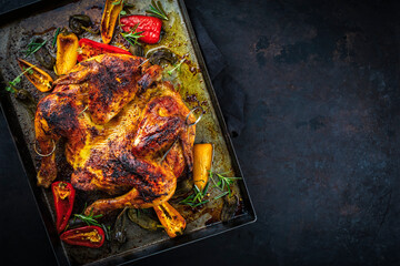 Spatchcocked barbecue chicken pollo al mattone roasted with paprika and herbs served as top view on an old rustic backing sheet with copy space right