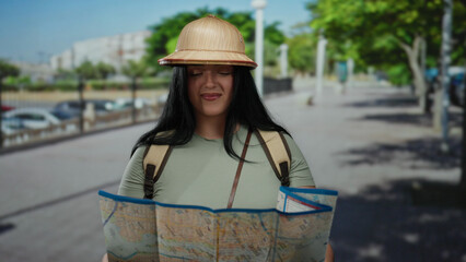 Woman tourist with map exploring city street outdoors wearing hat and backpack