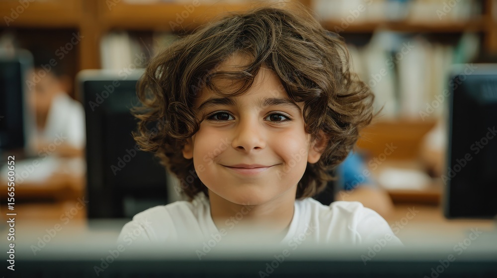 Poster young happy schoolboy using computer. arab child learning to use computer at elementary school. port
