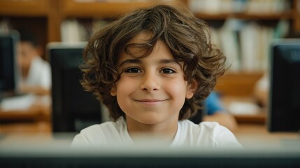 Young happy schoolboy using computer. Arab child learning to use computer at elementary school. Portrait of smiling middle eastern kid looking at camera while surfing the net in school library., no l
