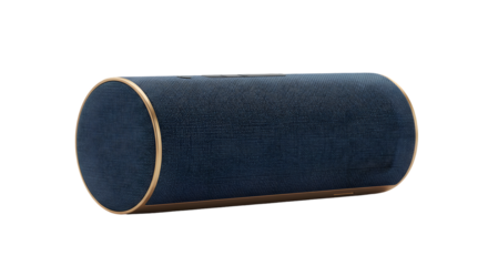 Dark navy blue cylindrical decorative accent pillow with gold trim.