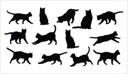 Silhouette Collection of Cats in Various Poses, This image features a collection of black silhouette cats in various poses, including sitting, standing, walking, and jumping.