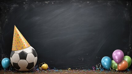 Blackboard background with a soccer ball and party hat