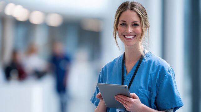 smiling female healthcare professional, stands in a hospital corridor holding a tablet