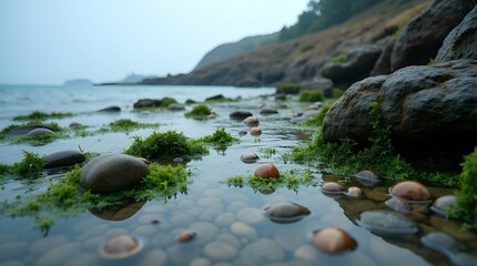 A high-definition image of a rocky shoreline at low tide, showing tide pools filled with seaweed, shells, and glistening wet stones under overcast light --