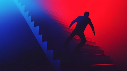 Silhouette of a person descending stairs illuminated by red and blue gradient photo
