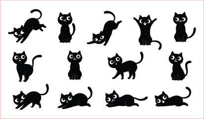 A collection of playful black cat silhouettes in various poses against a plain white background.