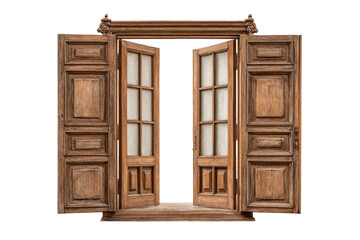 PNG Vintage wooden double doors with glass panels on white background