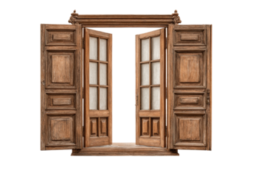 PNG Vintage wooden double doors with glass panels on white background