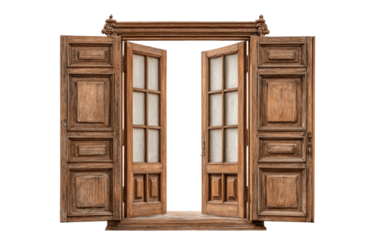 PNG Vintage wooden double doors with glass panels on white background