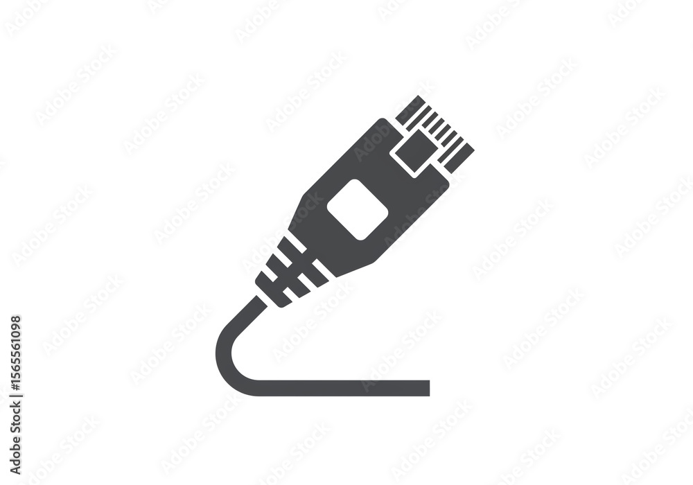 Poster a gray ethernet cable connector with a visible clip on a plain white background in a simple graphic 