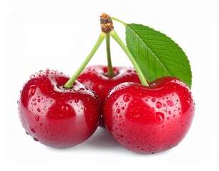 Three Juicy Red Cherries With Water Droplets And Green Leaf Isolated On A White Background