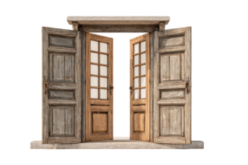 PNG Rustic open wooden doors with glass panels and stone frame
