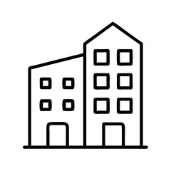 Stylized Black and White Building Icon with Windows and Doorways Illustration
