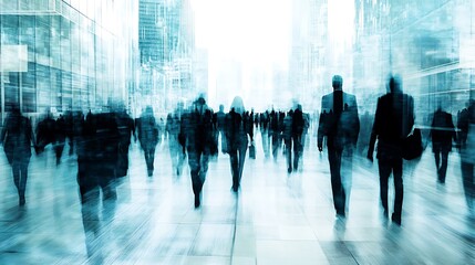 Silhouetted business professionals walk through a modern urban cityscape in a dynamic photo