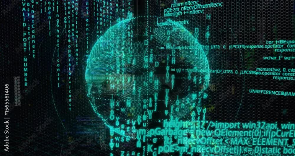 Poster Wireframe globe appearing activating streaming code rotating pulsing data rings computing results