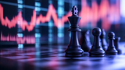 Strategic chess king piece positioned on a board with a blurred stock market trend photo
