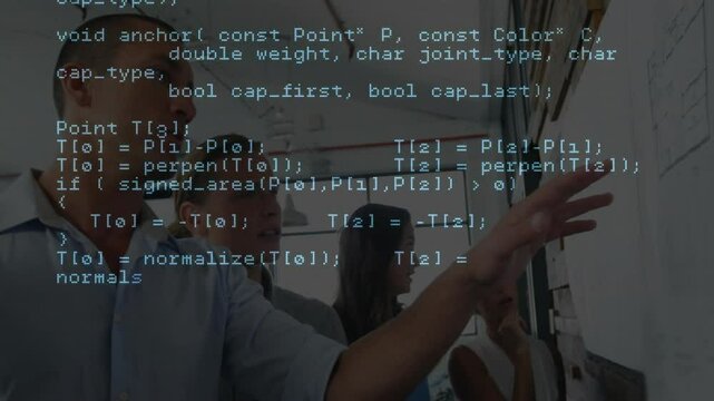 Tech team stepping and pointing note while marking note overlaying C++ code planning network flow