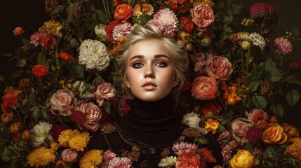 fashion portrait of a Caucasian woman surround with flowers in retro vintage nostalgia vibe.