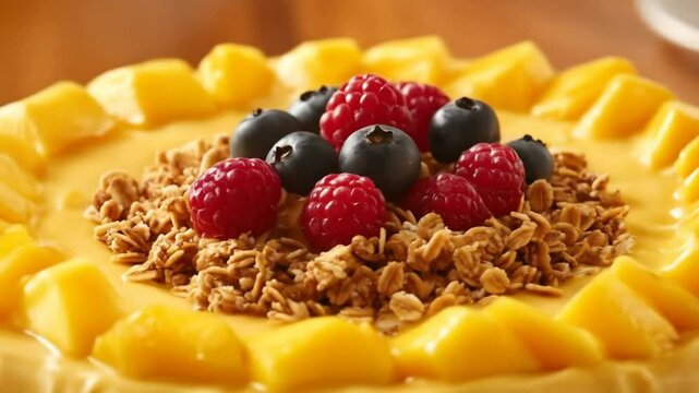 A round, yellow dessert topped with fresh mango slices, granola, and berries