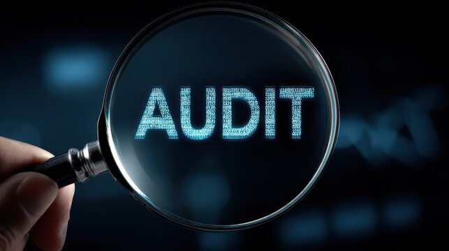 Audit Examination: A financial analyst holding a magnifying glass with the word 'AUDIT' reflects critical inspection and data review within a digital framework.