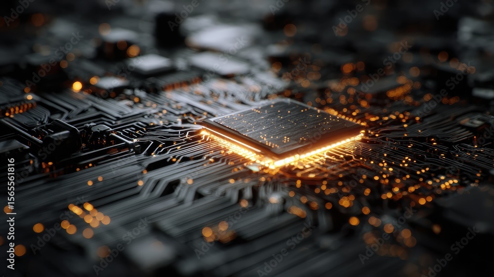 Poster close-up of a glowing computer chip with intricate circuit patterns on a dark motherboard background