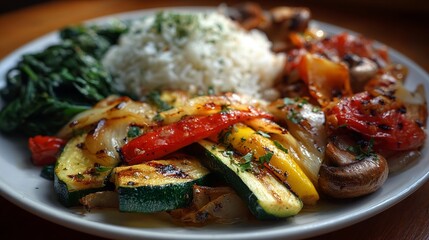 Grilled summer veggies like zucchini, peppers, onions, and mushrooms. Served with rice and spinach. A simple, tasty dish inspired by Greek or Turkish cooking.