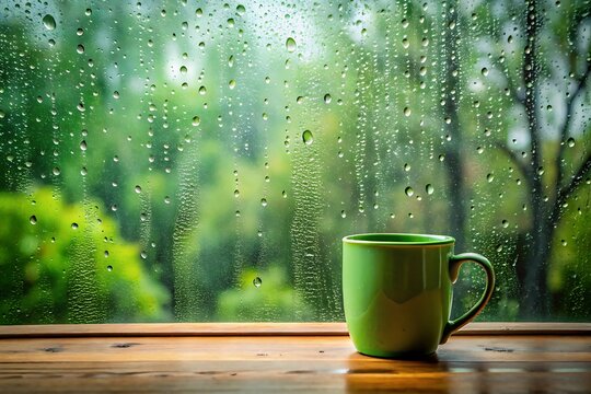 A green mug sits on a wooden table during a rainy day