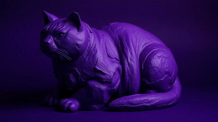 A fat cat rendered in deep ultraviolet hues as sculptural clay art. Modeled shapes, textured surface, vivid purples, high contrast