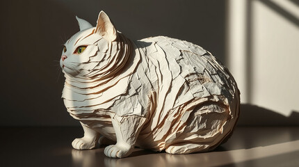 A fat cat sculpted from layered papier-mâché material, exhibiting strong hard light, textured layers, and direct harsh shadows.