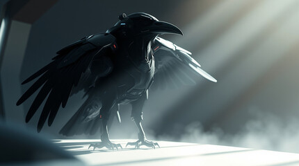 A futuristic sci-fi crow bathed in soft, diffused light, incorporating advanced technology, space elements, and subtle shadows